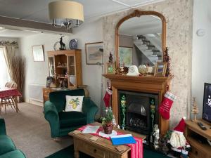 a living room with a fireplace and a mirror at Hillside Holiday cottage in Stanhope