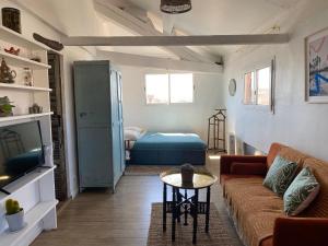 ein Wohnzimmer mit einer Couch, einem Tisch und einem Bett in der Unterkunft Grand studio avec vue sur notre Dame de la garde in Marseille