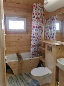 małą łazienkę z toaletą i umywalką w obiekcie Przystan Ramotowo w Lidzbarku Warmińskim