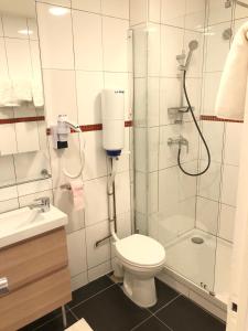 uma casa de banho com um chuveiro, um WC e um lavatório. em Hotel Geoffroy Marie Opéra em Paris