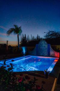 a large blue swimming pool at night with a palm tree at Villa Encantada Aruba in Noord