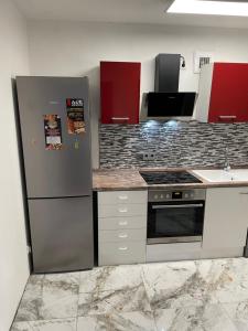 a kitchen with stainless steel appliances and red cabinets at Zimmer im Herzen von Durlach in Karlsruhe