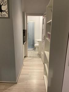 - un couloir d'une salle de bains pourvue de toilettes et d'un lavabo dans l'établissement Apartament Grunwaldzka, à Bydgoszcz