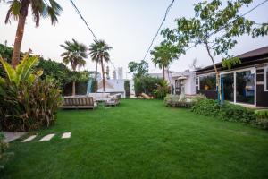 a backyard with a lawn with chairs and palm trees at شاليه خاص in Riyadh