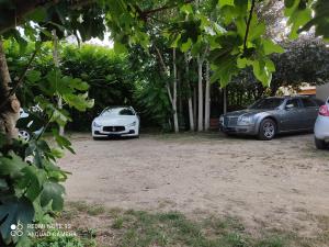 dos coches estacionados en un estacionamiento con árboles en Apartment Albert parking privé gratuit, en Limoux