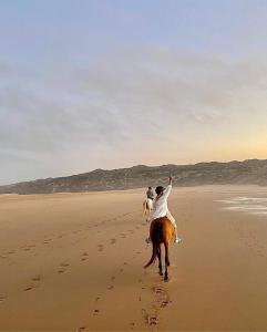 Dos personas están montando caballos en la playa en Casa de Oksana, en Lagos