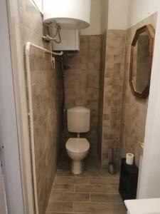 Un pequeño baño con inodoro y espejo. en LOFT AZZURRA, en Cannobio