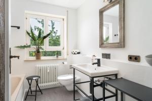 a bathroom with a sink and a toilet and a mirror at Wohlfühlwohnung mit Parkplatz, Zentral, schnelles Wlan, Bodensee & Schweiz Nähe in Singen