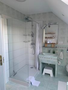 a bathroom with a shower and a sink at Apartament Krokusowa in Rumia