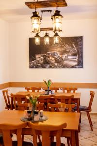 松德斯豪森的住宿－Pension & Gaststätte Zur Salzgrube，一间带木桌和吊灯的用餐室