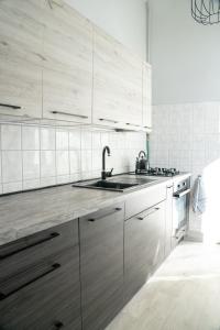 eine Küche mit Holzschränken und einem Waschbecken in der Unterkunft Apartament "Przy Dworcu" in Chojnice