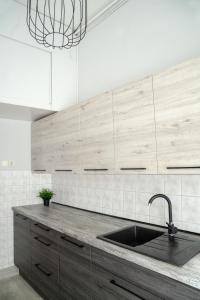 uma cozinha com um lavatório e armários de madeira em Apartament "Przy Dworcu" em Chojnice