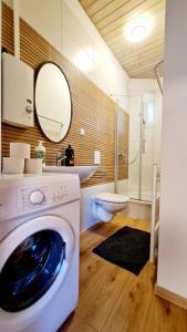 - un lave-linge dans la salle de bains pourvue de toilettes dans l'établissement ELENA flat Tulpe Duisburg Zentrum, à Duisbourg
