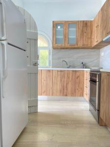 una cucina con armadi in legno e frigorifero bianco di Beautiful House in Front of the Sea a Gázion