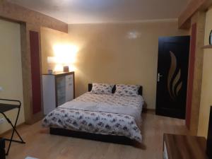 une chambre avec un lit, une table et une lampe dans l'établissement Apartament in centrul Iasului (Lapusneanu), à Iaşi