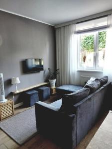 ein Wohnzimmer mit einem Sofa und einem TV in der Unterkunft Apartament Prima in Lubniewice