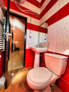 a bathroom with a pink toilet and a sink at Chalet Snow Valley - Private Pool in Imouzzer Kandar