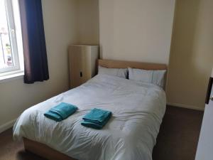 ein Bett mit zwei blauen Kissen darüber in der Unterkunft SELF CATERING 2 Bedroom Flat in Edinburgh