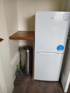 einen weißen Kühlschrank in einer Küche neben einem Mülleimer in der Unterkunft SELF CATERING 2 Bedroom Flat in Edinburgh