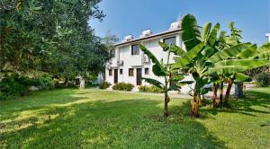 a house with trees in front of a yard at Bare Hill Holiday Apartments in Kérynia