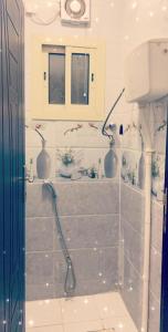 La salle de bains est pourvue d'une douche avec des vases sur le mur. dans l'établissement شقق العزاب الفاخرة, à Tabuk