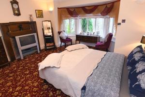 um quarto com uma cama grande e uma televisão em Luxury Suite in quiet countryside location em Swansea