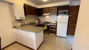 a kitchen with a white refrigerator and a microwave at Apartamentos del Centro - BARILOCHE in San Carlos de Bariloche