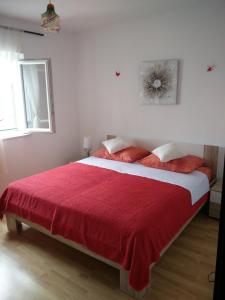 Gdinj的住宿－Seaside secluded apartments Cove Virak, Hvar - 6969，一间卧室配有一张带红色毯子的大床