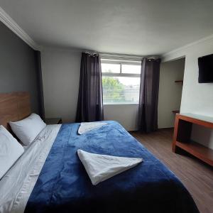 a bedroom with a large blue bed with a window at Hotel Santino in Toluca