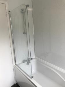 a shower with a glass door in a bathroom at The Bungalow, Lingdale in Lingdale