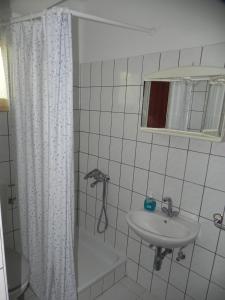 a bathroom with a shower curtain and a sink at Apartments by the sea Sveta Nedilja, Hvar - 11433 in Sveta Nedelja