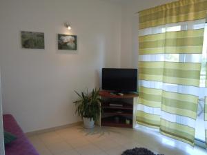 uma sala de estar com uma televisão e uma janela em Apartment Sveta Nedilja 13753d em Jelsa