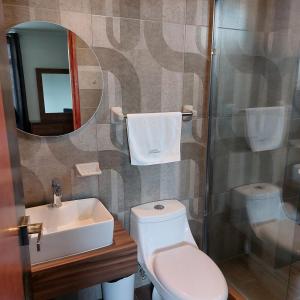 トルーカにあるHotel Santinoのバスルーム(トイレ、洗面台、鏡付)