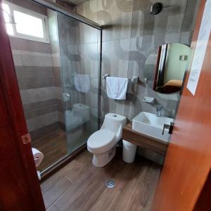 a bathroom with a toilet and a sink and a shower at Hotel Santino in Toluca