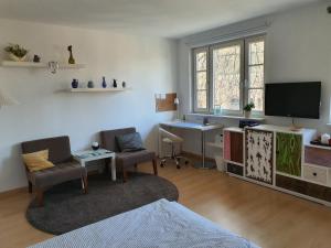 a living room with a desk and a tv at Studio NICO Dominsel in Brandenburg an der Havel