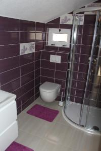 a purple bathroom with a toilet and a shower at Apartments by the sea Cove Vela Stiniva, Hvar - 13935 in Zastražišće