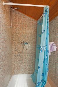a bathroom with a shower with a blue shower curtain at Double Room Smoljanac 14023b in Smoljanac