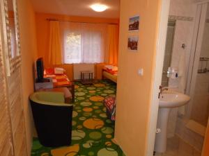 プラハにあるペンション ドブロウツキーのバスルーム(洗面台、トイレ付)が備わる客室です。