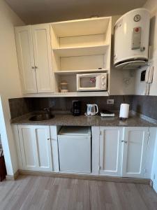 a kitchen with white cabinets and a sink and a microwave at Mirador San Francisco in Salta