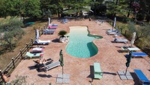 een uitzicht over het zwembad met ligstoelen bij Casale Fusco in Spoleto