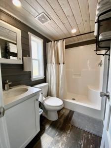 a bathroom with a toilet and a tub and a sink at Cozy Tiny Home with Patio - 1 Mile to Town in Fredericksburg