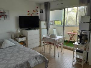 a bedroom with a bed and a table and a television at STUDIO CONFORT ET LUMINEUX avec LOGGIA ET PARKING in Balaruc-les-Bains