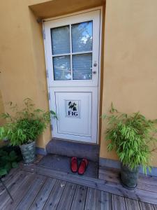 ein Paar rote Schuhe, die vor einer Tür sitzen in der Unterkunft The FIG Studio - "Den Gule Svane" Guest House - near Rønne & Beach in Rønne