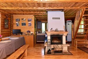 a living room with a fireplace in a log cabin at Sodyba “Rita” in Mėčiūnai