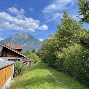 a path through a village with a mountain in the background at Ferienwohnung am Kieferbach in Kiefersfelden