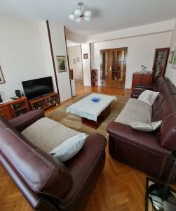ein Wohnzimmer mit Ledersofas und einem Tisch in der Unterkunft Family Apartment Ivanovic in Skopje