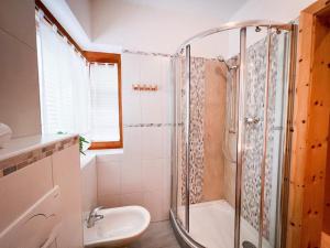 a bathroom with a shower and a toilet and a sink at Fewo Zirbenglück in Bad Kleinkirchheim