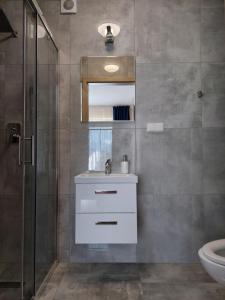 W łazience znajduje się biała umywalka i prysznic. w obiekcie Willa u Polczyków w mieście Białka Tatrzanska