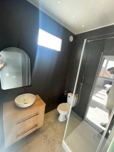 a bathroom with a toilet and a glass shower at Engels apartments - studio luminos in Cluj-Napoca