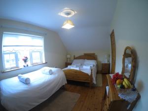 a bedroom with two beds and a window at Derghaven B&B, Hostel & Self Catering in Scarriff